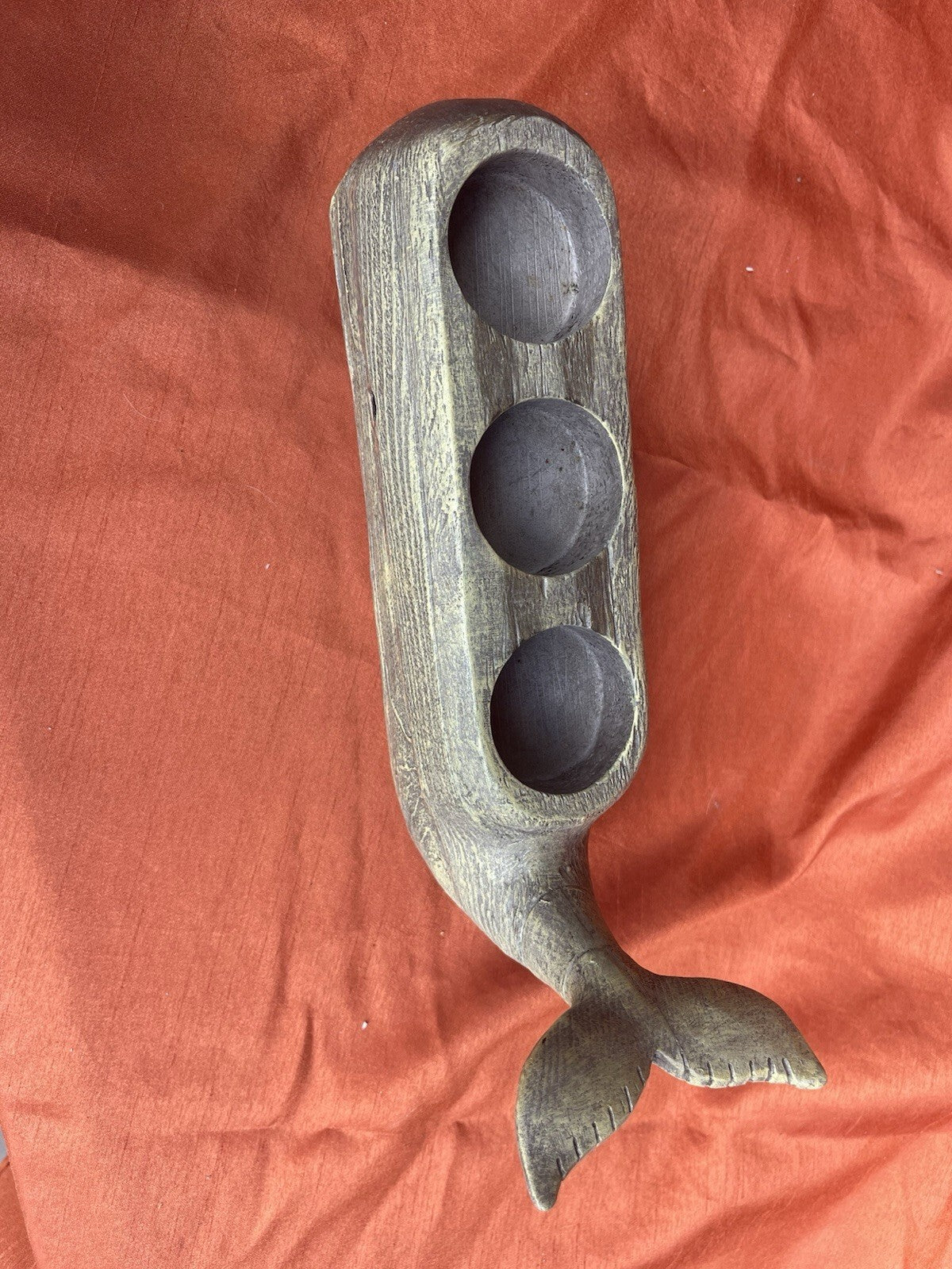Distressed Wood Finish Resin Smiling Whale Three Hole Tealight Candle Holder