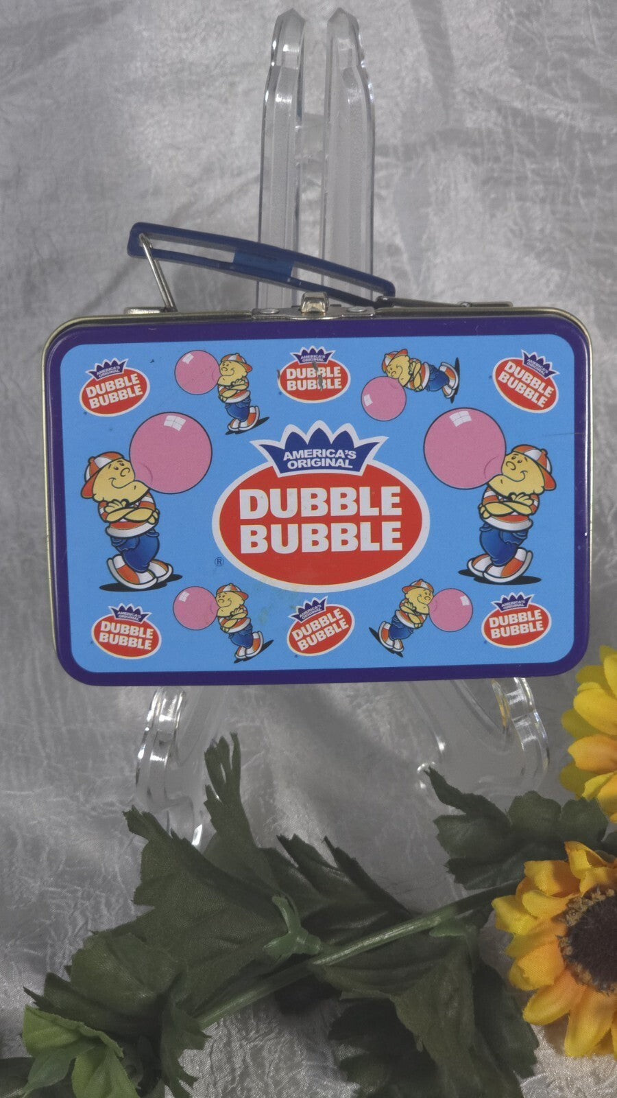 VTG Blue Mini Dubble Bubble Gum Logo Tin Metal Lunch Box Gold Interior  ✔
