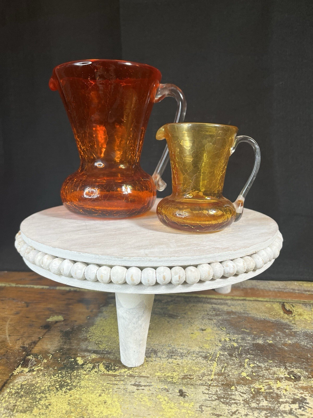 Vintage Ruby Red Crackle Glass Pitcher with Amber Handle Blenko
