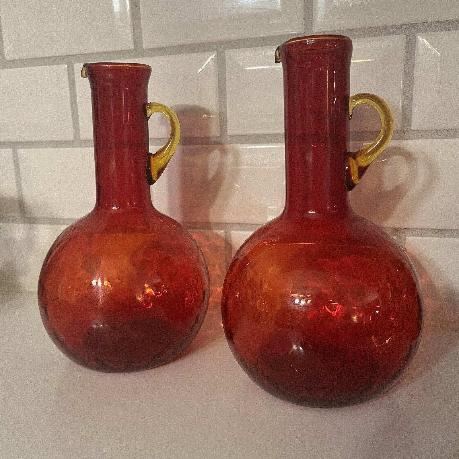 Vintage Ruby Red & Amber Tall Glass Pitcher ewer. Crackled Glass Texture.