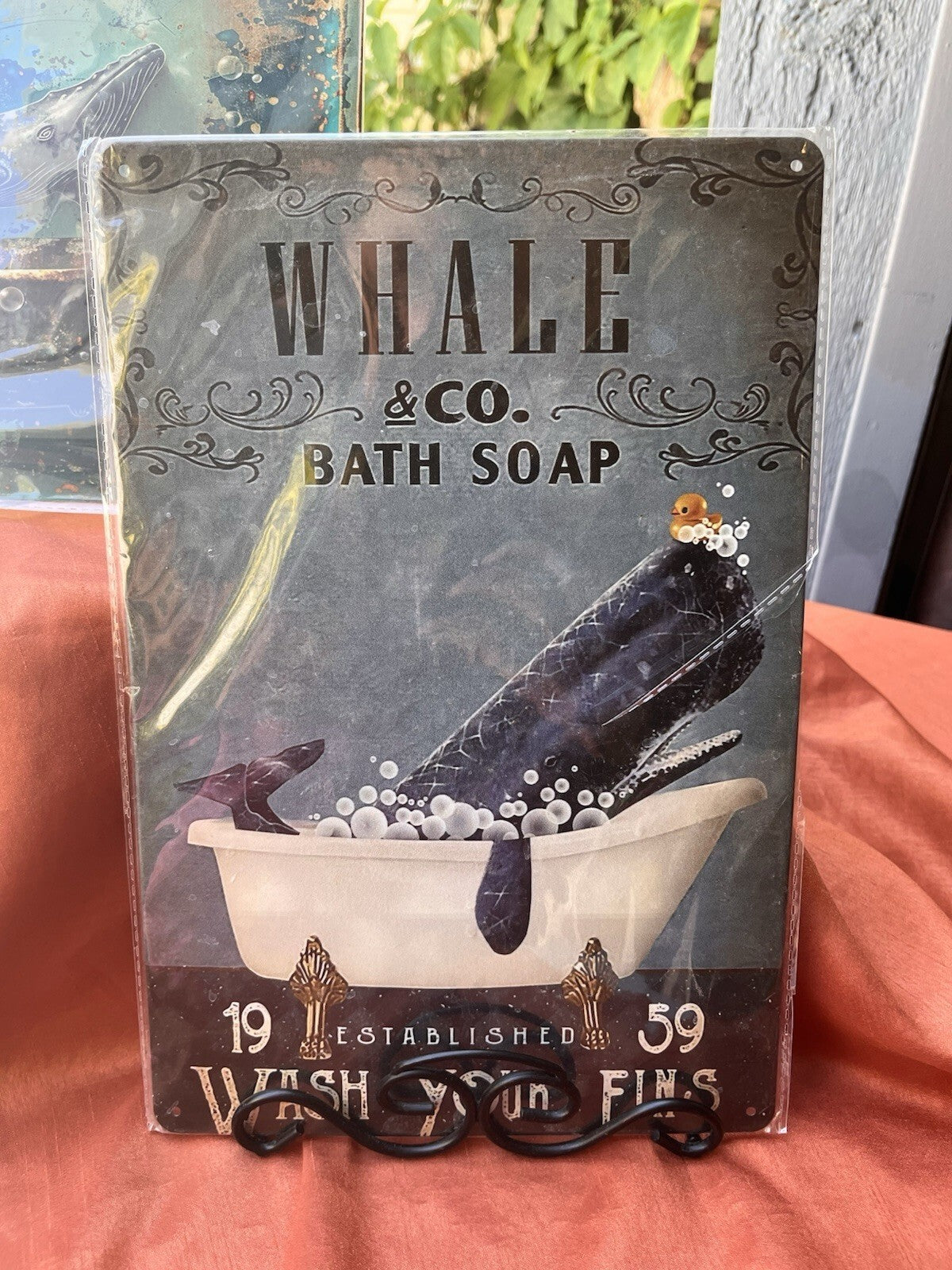 Bathroom Whale Retro Metal Tin Sign Whale Bath Soap Bubble Poster Vintage Toilet