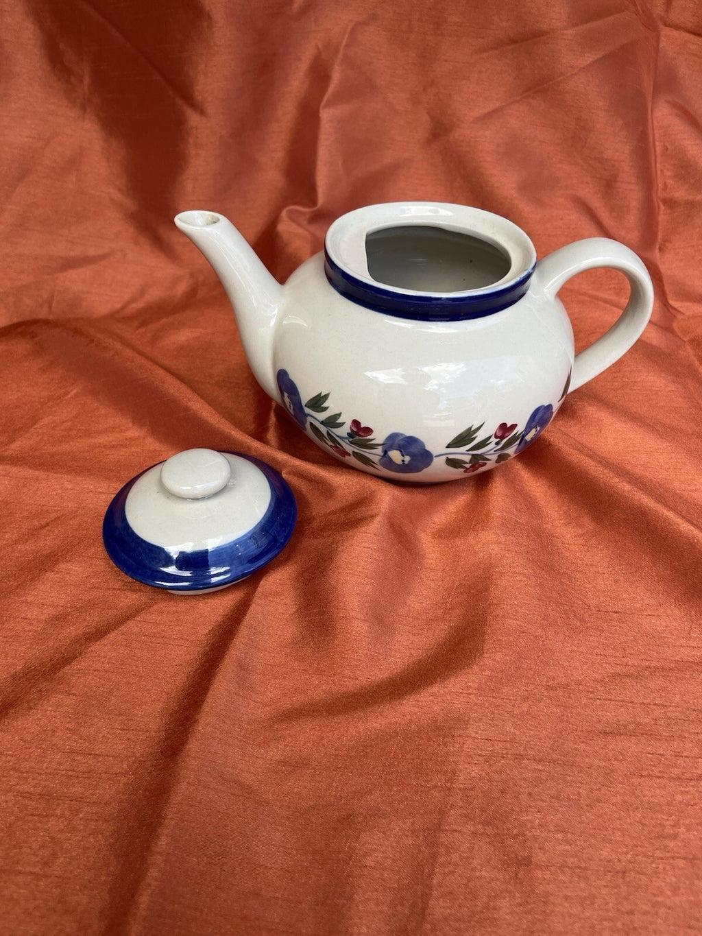 Vintage Designpac Ivory & Blue Stoneware Teapot W/Lid Handpainted Floral Pattern