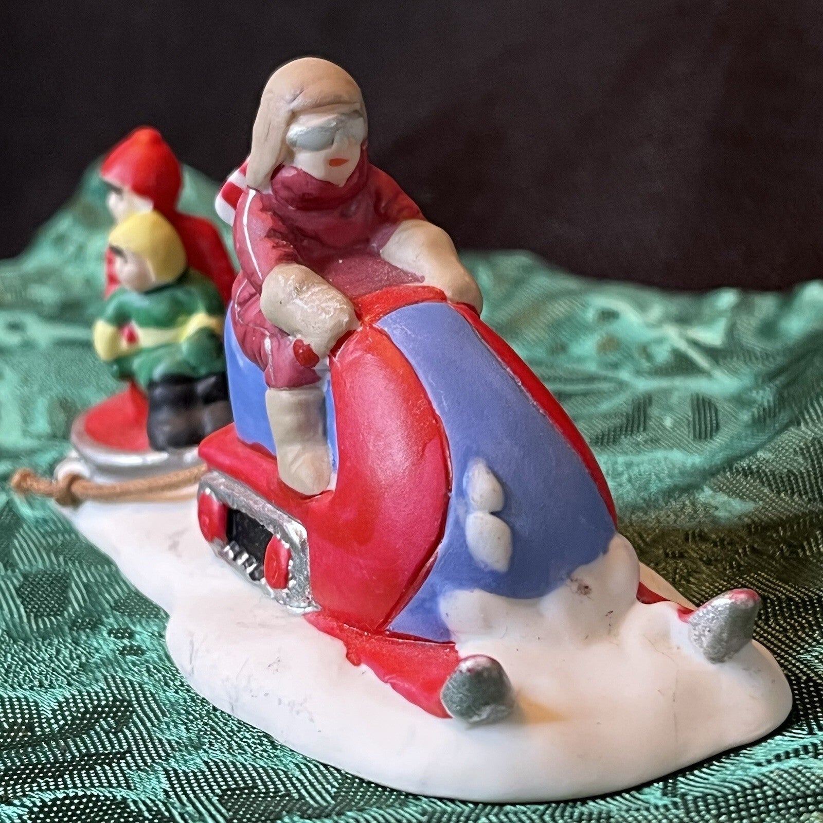 Mini Christmas Village Figurine Vintage 90s  Mom On Snowmobile With Kids
