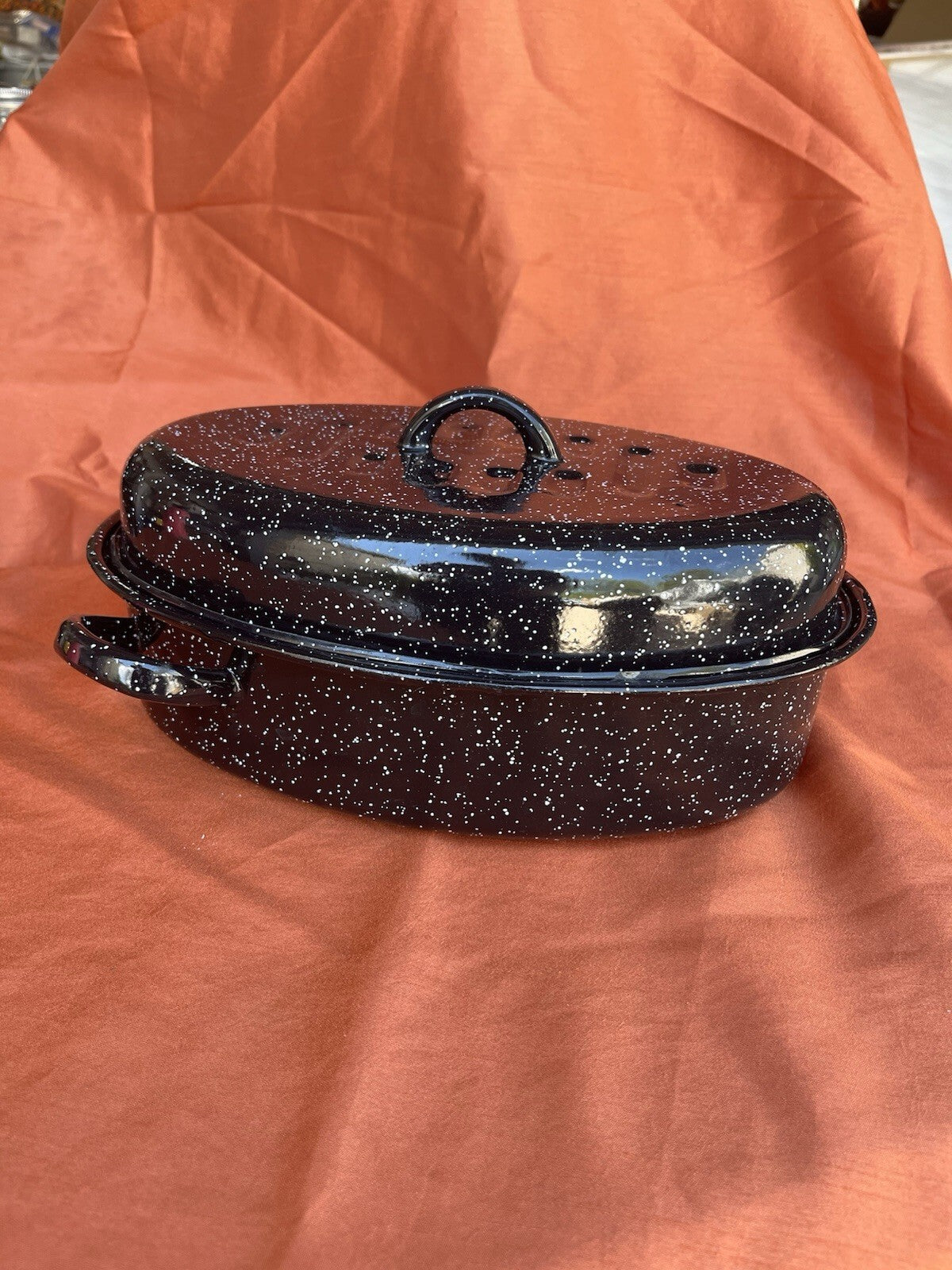 Granite Ware Enamel 12” Black Speckle Roaster Rotisserie Pan W/Lid