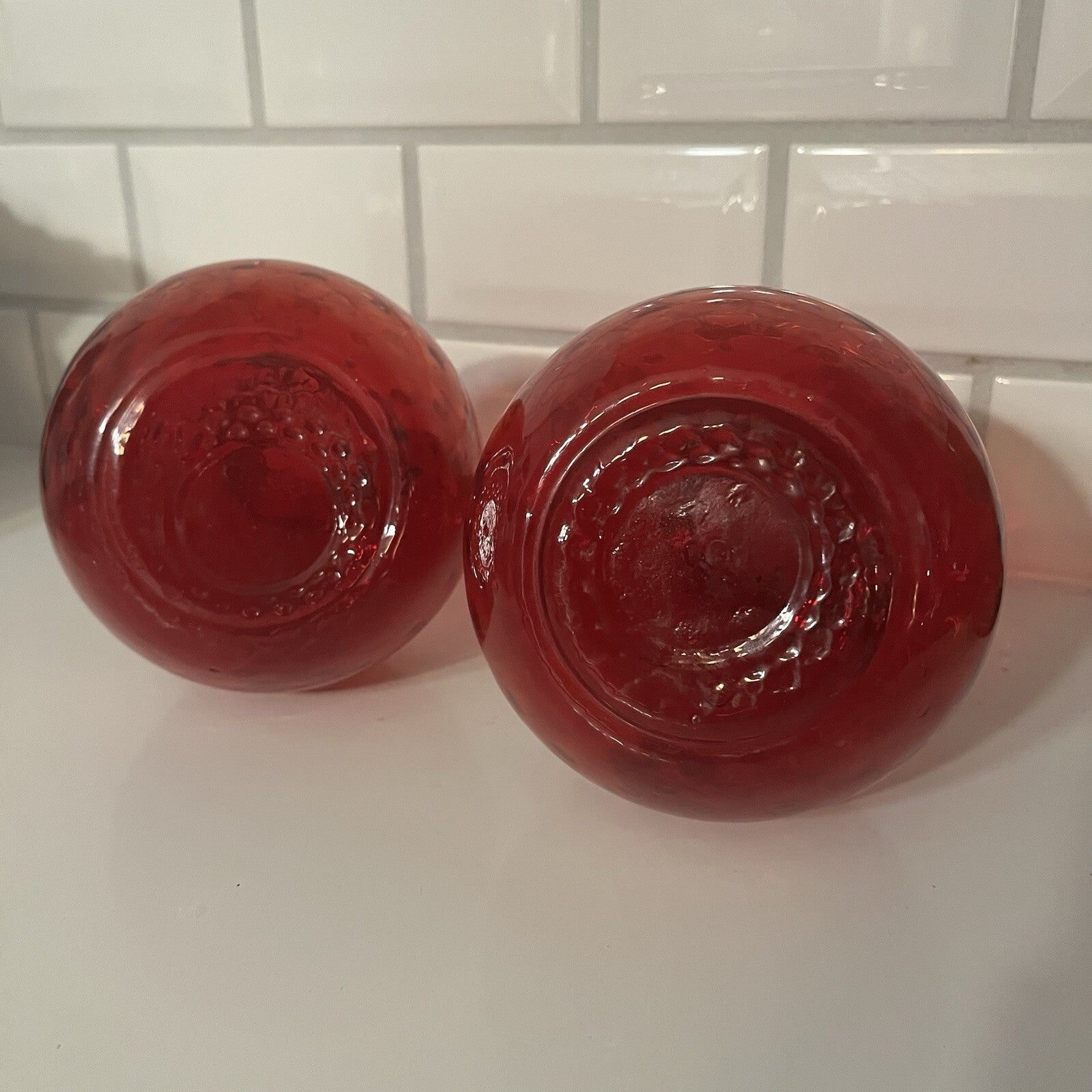 Vintage Ruby Red & Amber Tall Glass Pitcher ewer. Crackled Glass Texture.