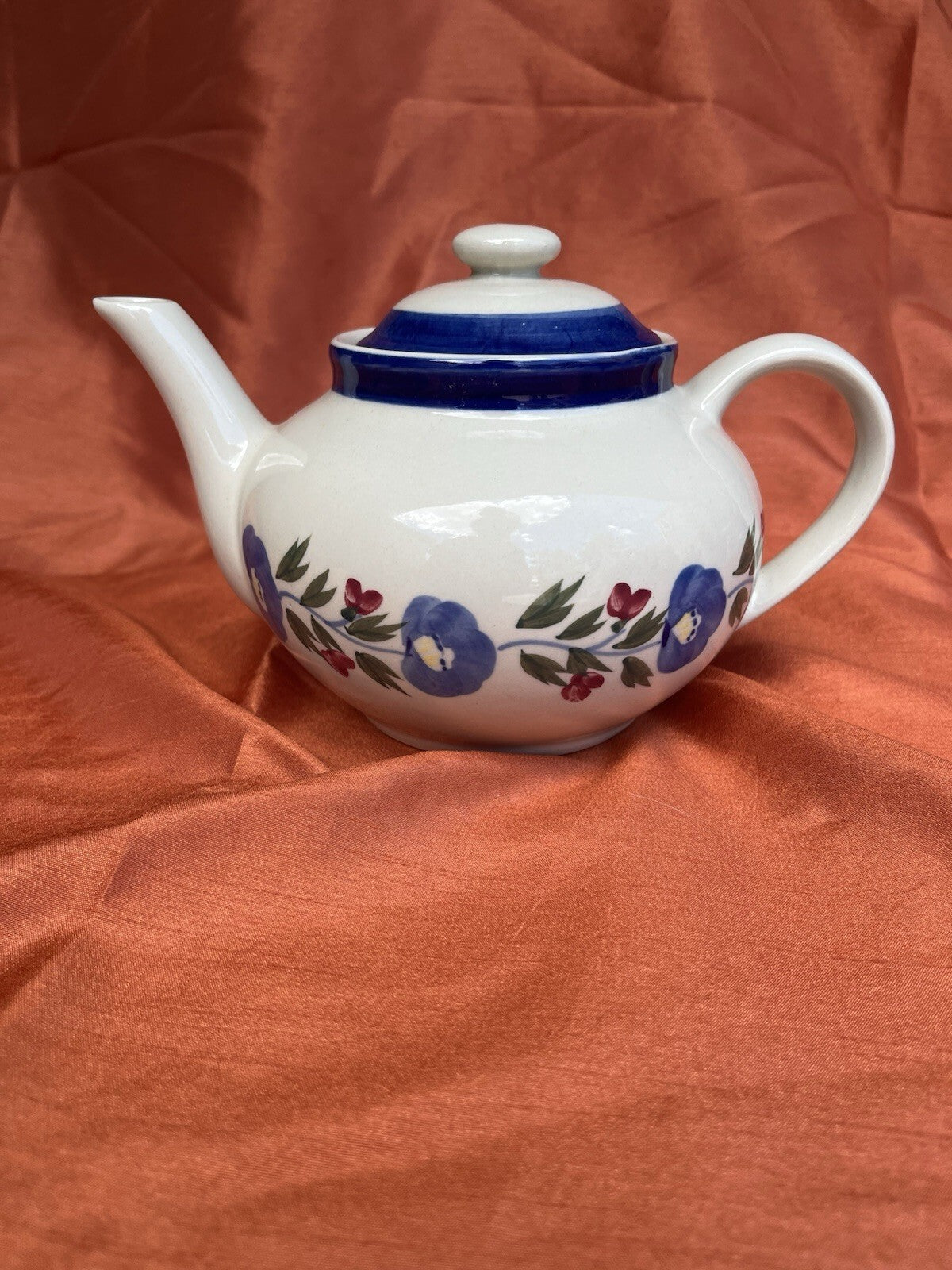 Vintage Designpac Ivory & Blue Stoneware Teapot W/Lid Handpainted Floral Pattern