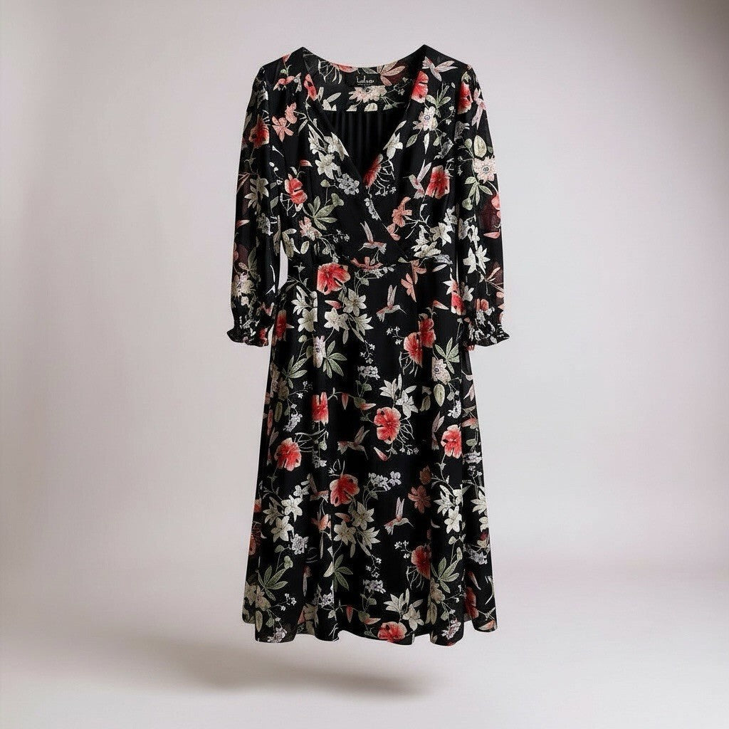 Lulus Awakened Black Floral Print Chiffon Maxi Wrap Dress.  Size Large
