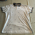 A cool polo shirt with camo collar an accent fox. White 3xl