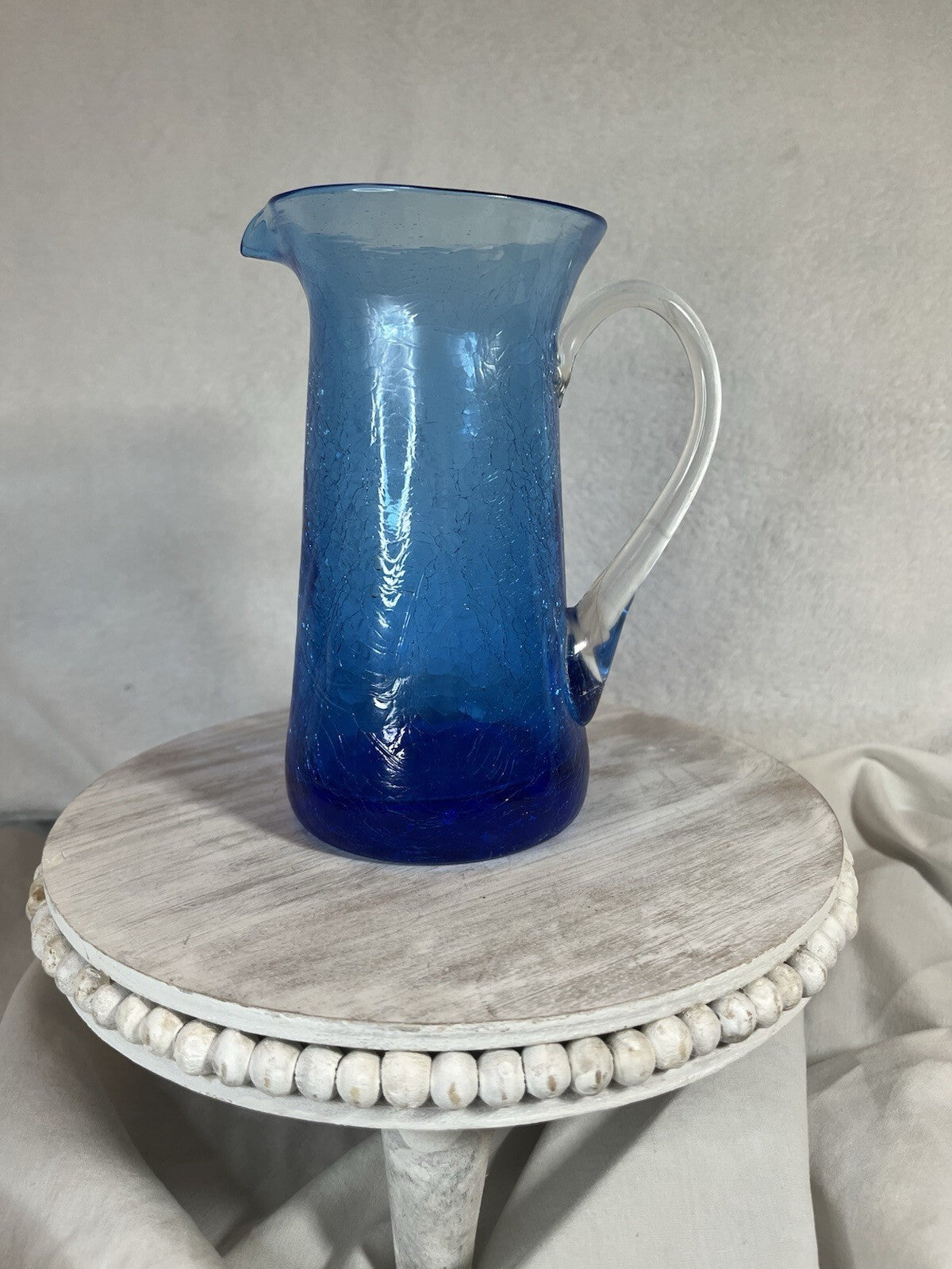 Vintage Blue Crackle Glass Small Pitcher Vase Hand Blown w/ Applied Handle