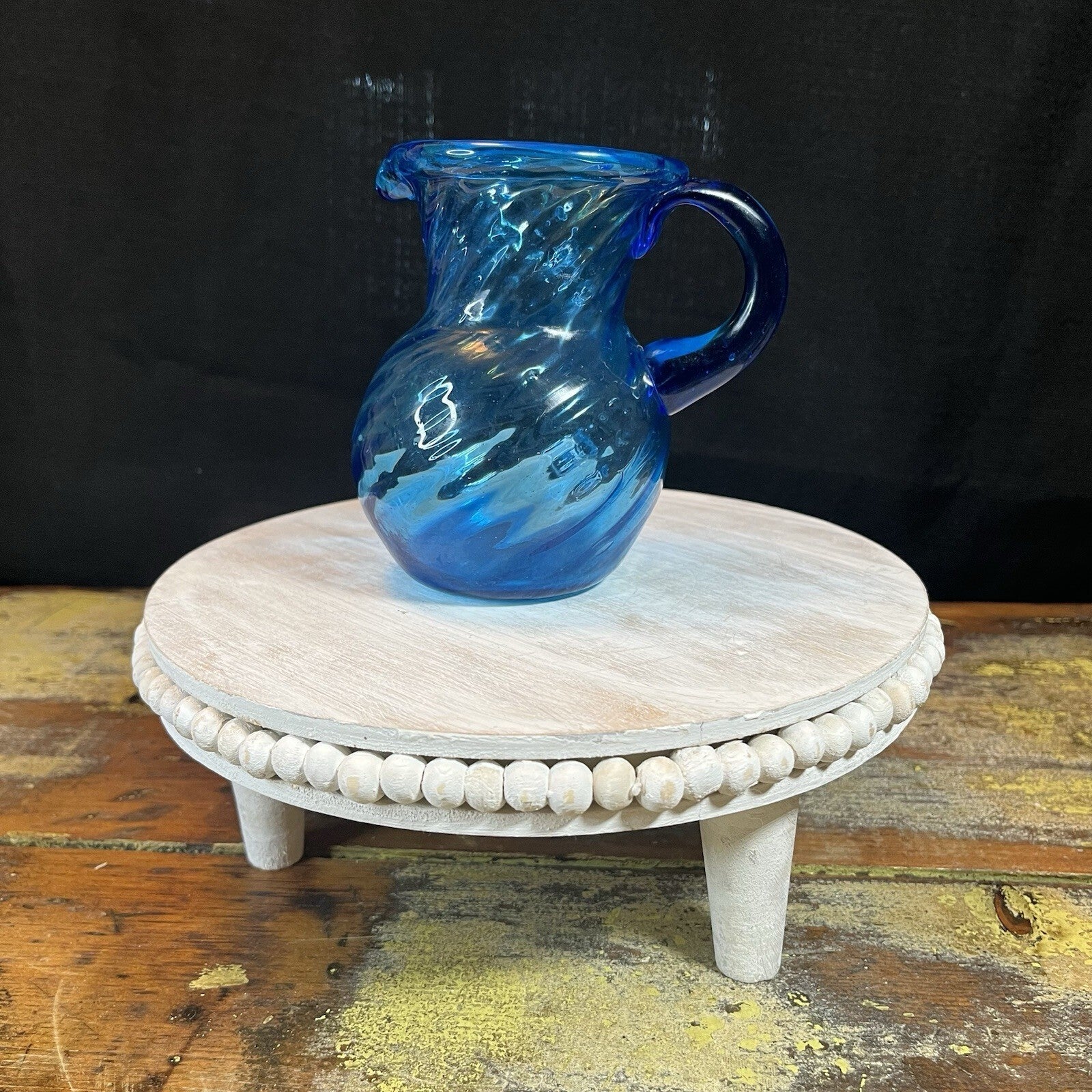 Vintage Cobalt Blue Pitcher Vase Hand Blown  Glass c1950's Small 5”