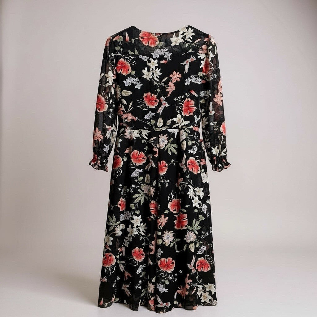 Lulus Awakened Black Floral Print Chiffon Maxi Wrap Dress.  Size Large