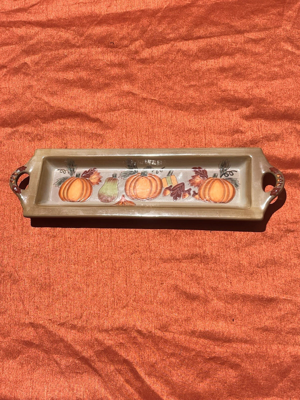 Ceramic Fall Autumn Design Serving Tray with Pumpkins, Gourds, Leaves & Acorns
