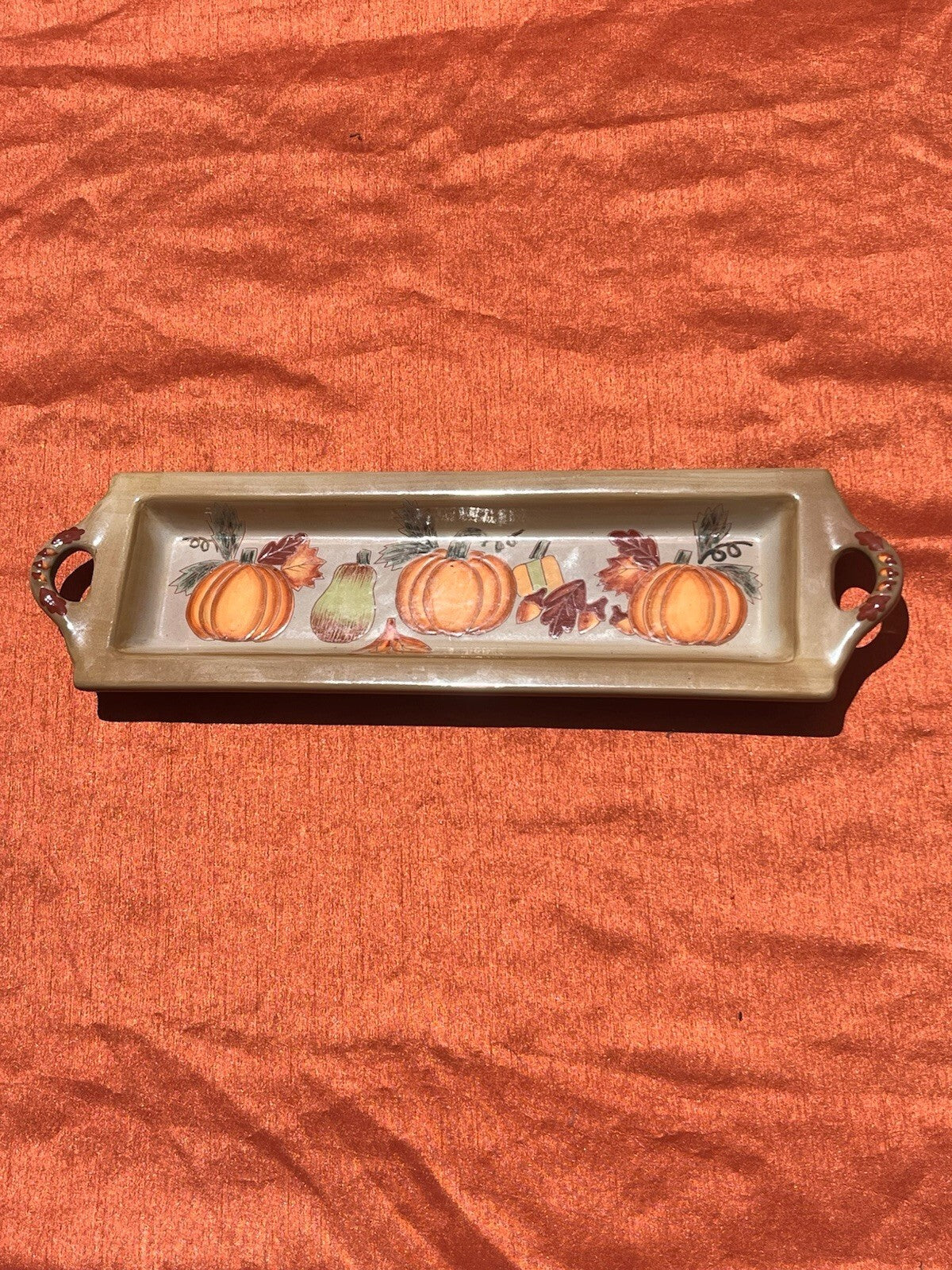 Ceramic Fall Autumn Design Serving Tray with Pumpkins, Gourds, Leaves & Acorns