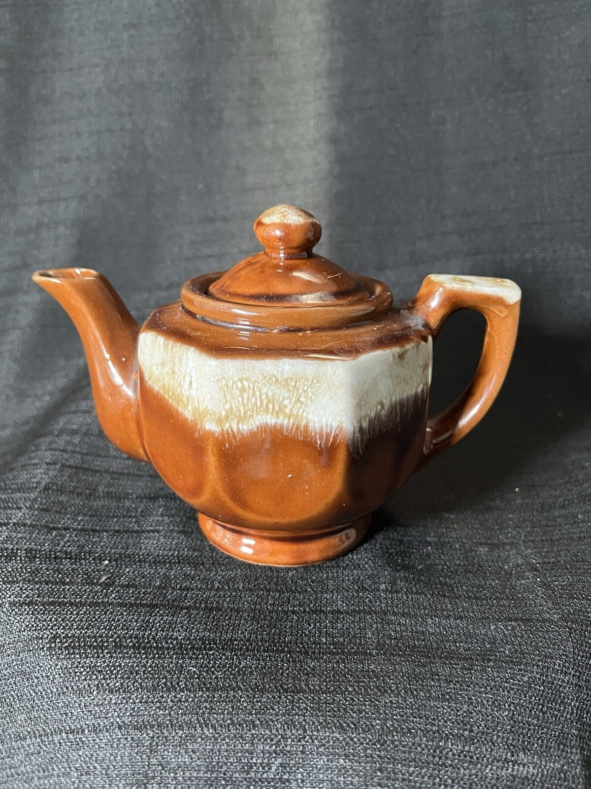 Vintage Pottery Tea Pot With Lid Brown Drip Glazed Home Decor Collectible