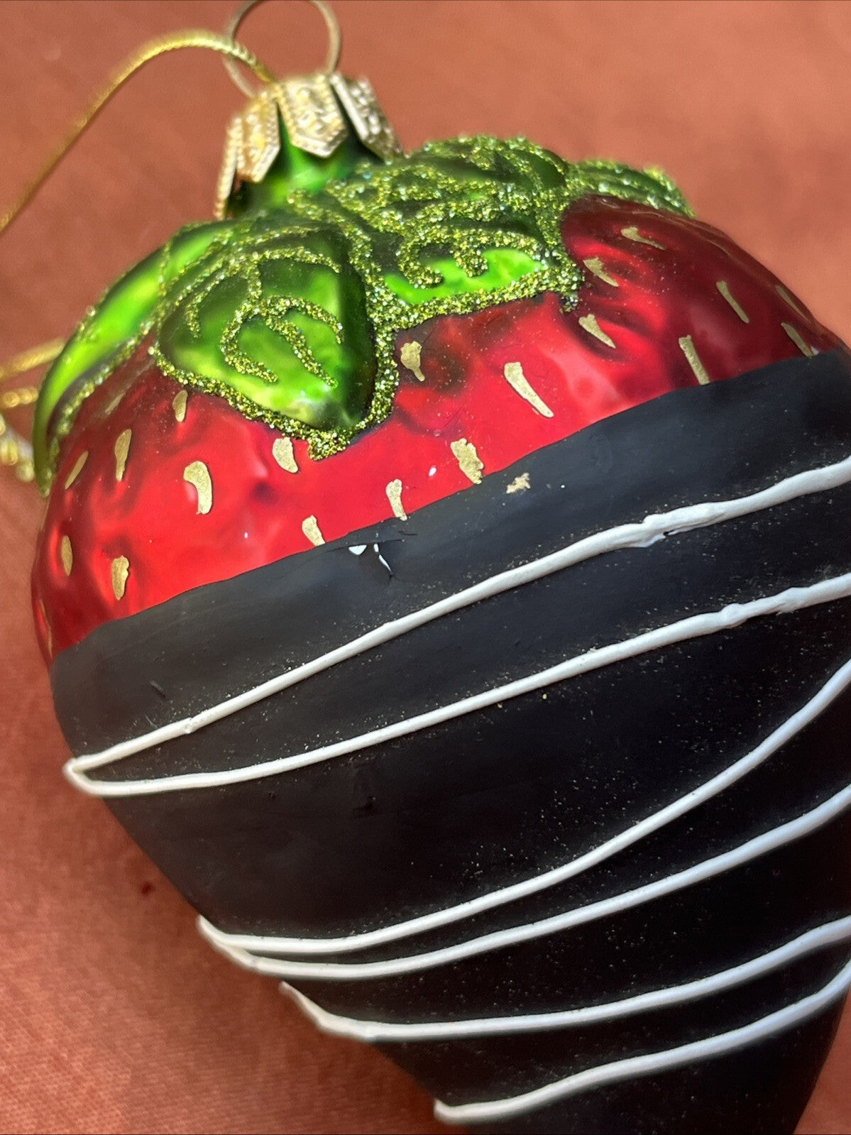 Vintage Glass STRAWBERRY Christmas Ornament Dark Chocolate Dipped. Sml Imprfct
