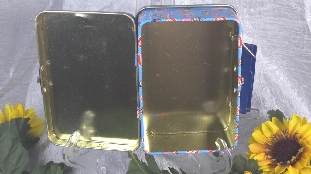 VTG Blue Mini Dubble Bubble Gum Logo Tin Metal Lunch Box Gold Interior  ✔