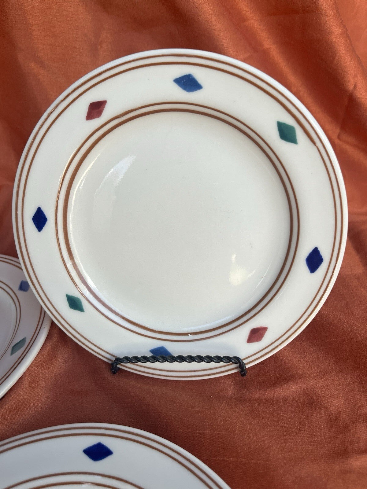 3 Salad Plate Cheyenne Hartstone Aztec Design USA Blue Green Red Diamond Shapes
