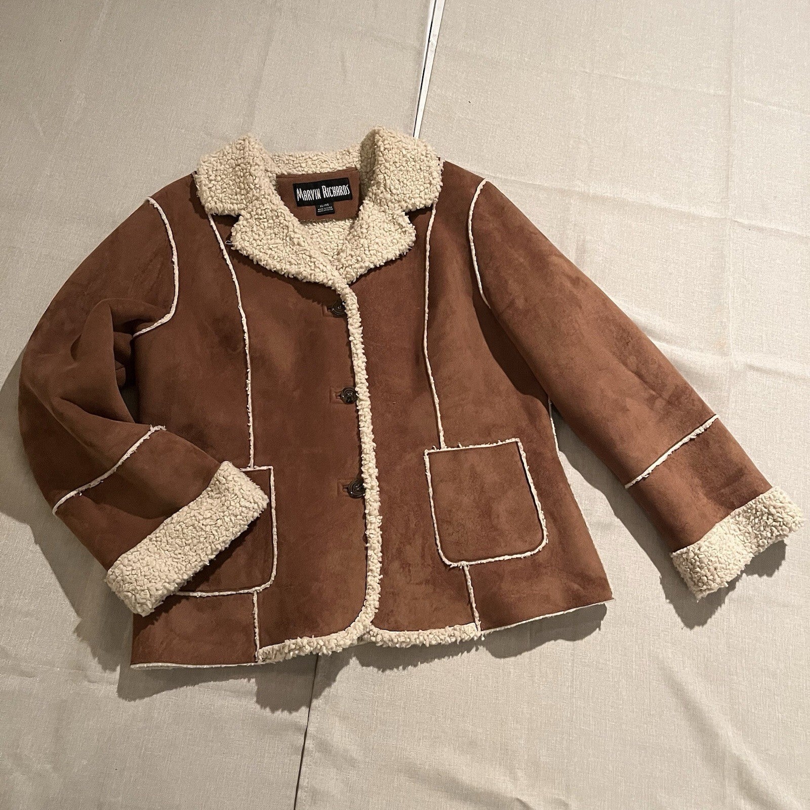 Vtg Faux Suede Jacket  Coat Size L Tan Brown Fleece Marvin Richards XL