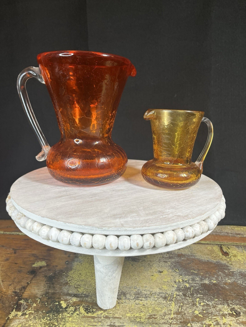 Vintage Ruby Red Crackle Glass Pitcher with Amber Handle Blenko