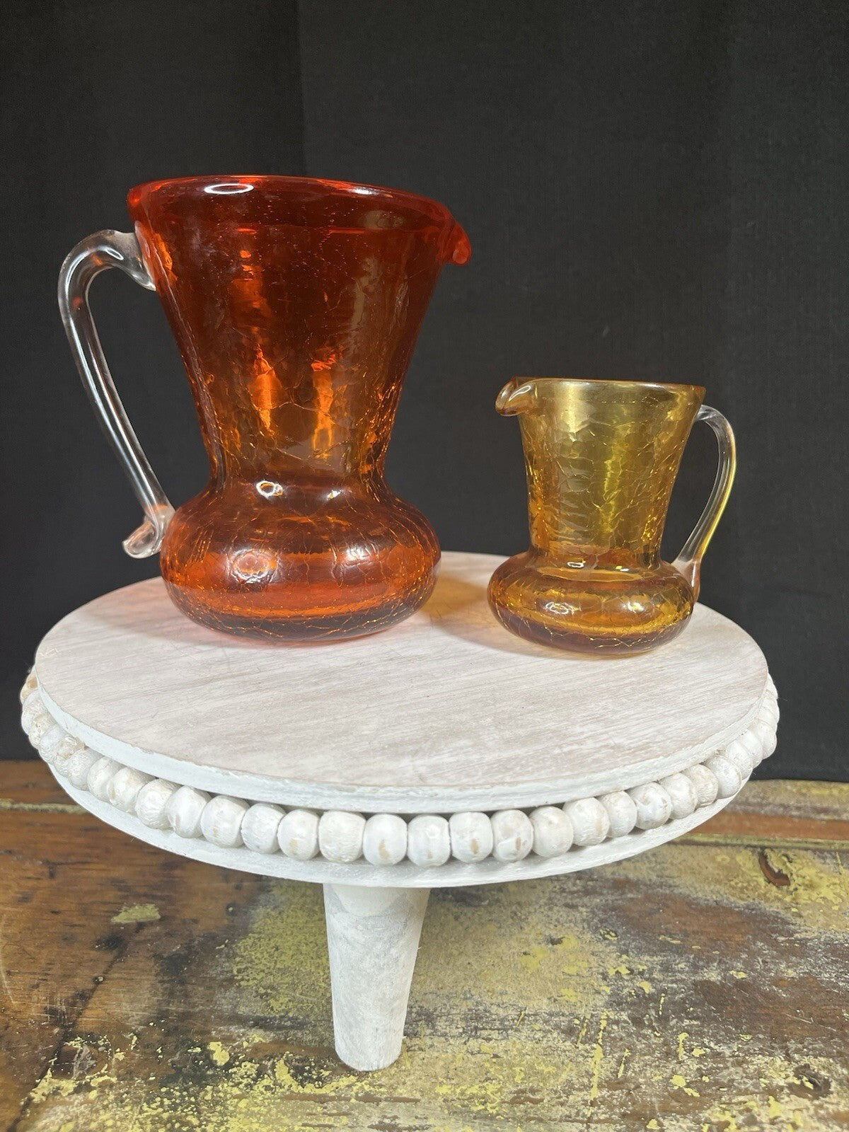 Vintage Ruby Red Crackle Glass Pitcher with Amber Handle Blenko