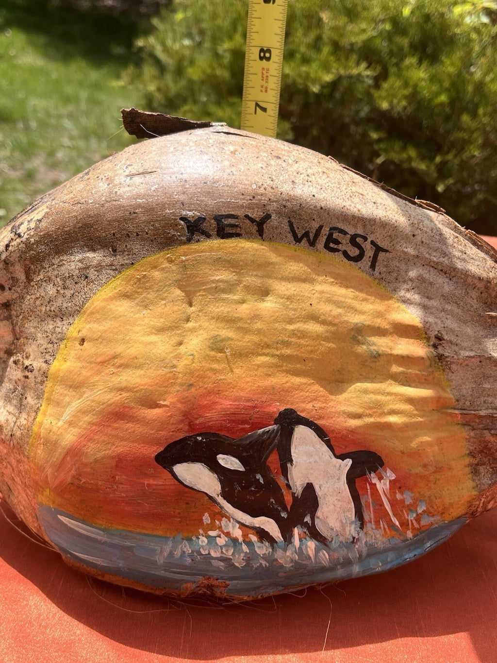 Hand-Painted Coconut Key West With Orcas, Jumping Out Of The Water Into Sunset