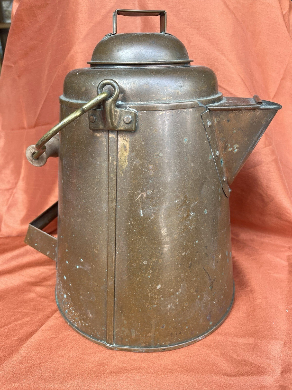 Antique Copper Cowboy Coffee Pot Lid, With Wooden Handle. Early 1900’s