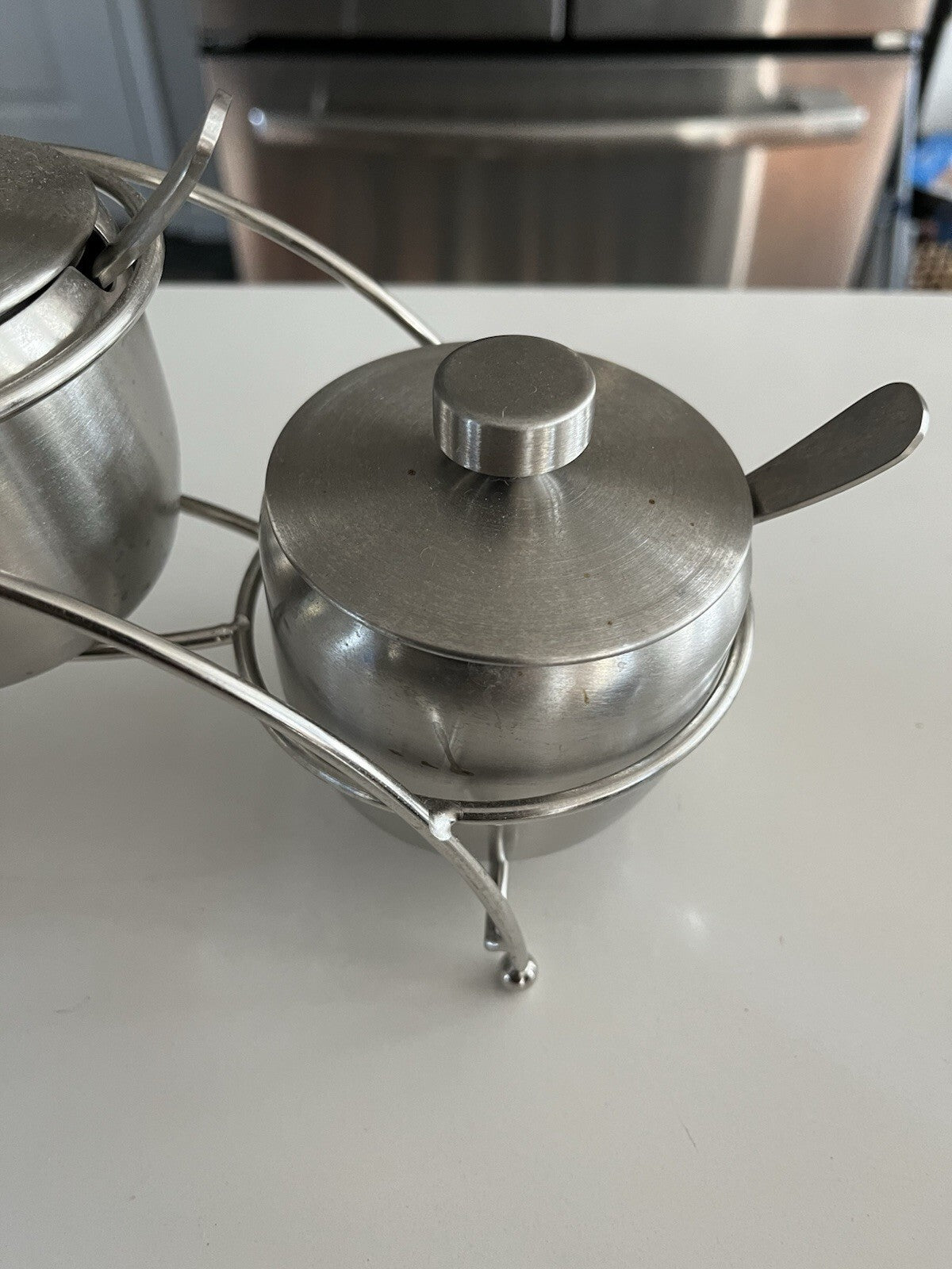 Condiment Serving Bowls with Lids and Spoons". Stainless Steel