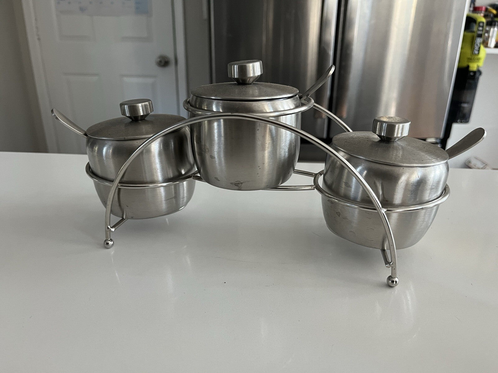 Condiment Serving Bowls with Lids and Spoons". Stainless Steel