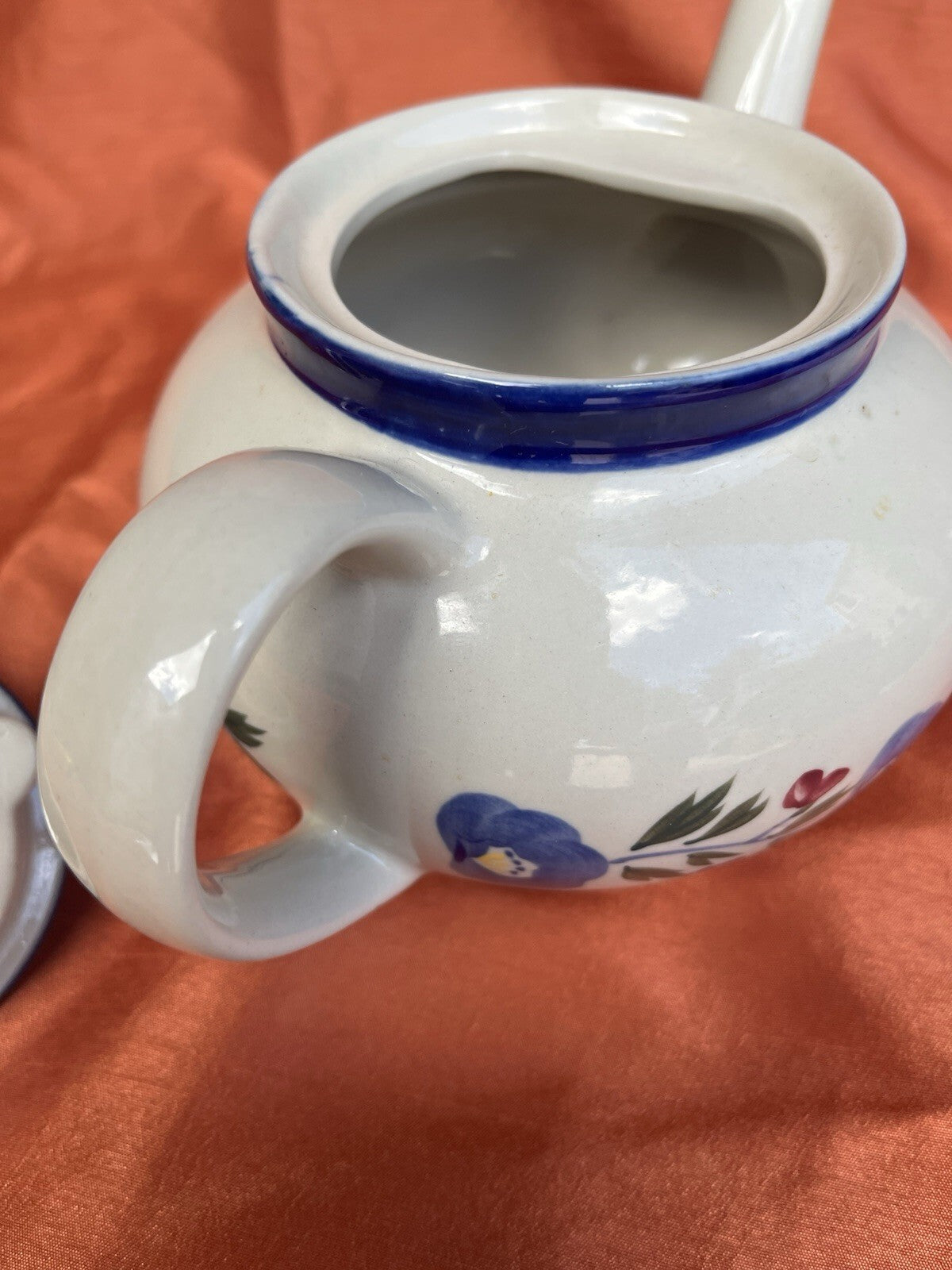 Vintage Designpac Ivory & Blue Stoneware Teapot W/Lid Handpainted Floral Pattern