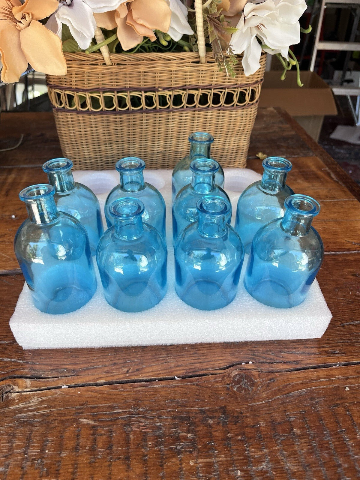Set of 8 Blue Glass Decorative Bottles, 7 in Tall, Decorative Bottle Type