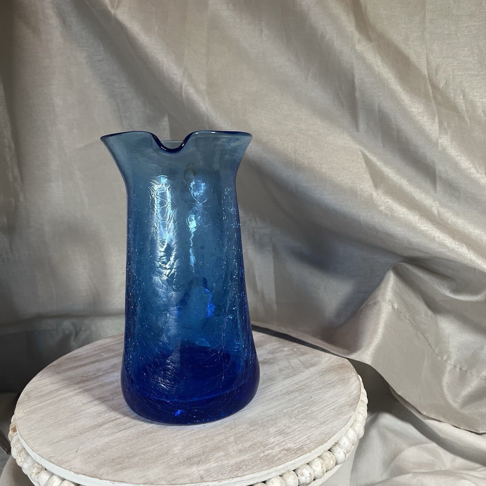 Vintage Blue Crackle Glass Small Pitcher Vase Hand Blown w/ Applied Handle