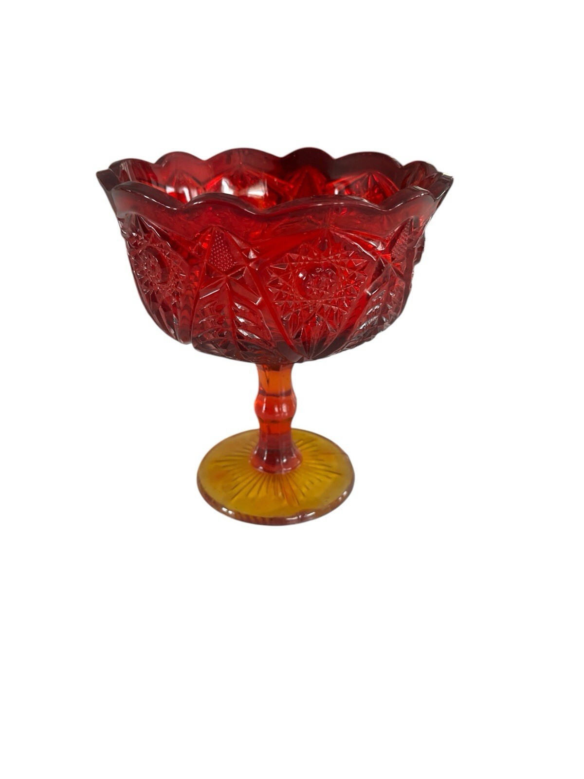 LE Smith Amberina Heritage Pedestal Compote Bowl -1970's Red And Yellow