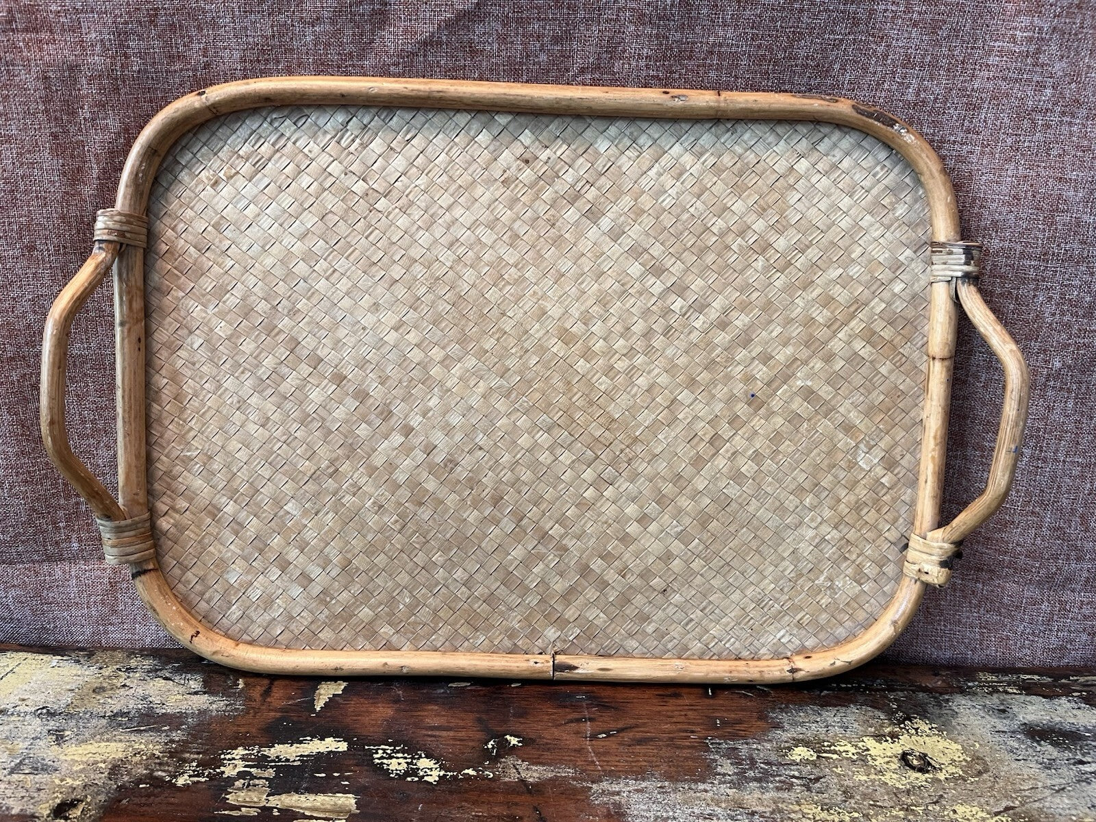 Vintage square cane and wicker serving tray with handles circa 1970s Rattan