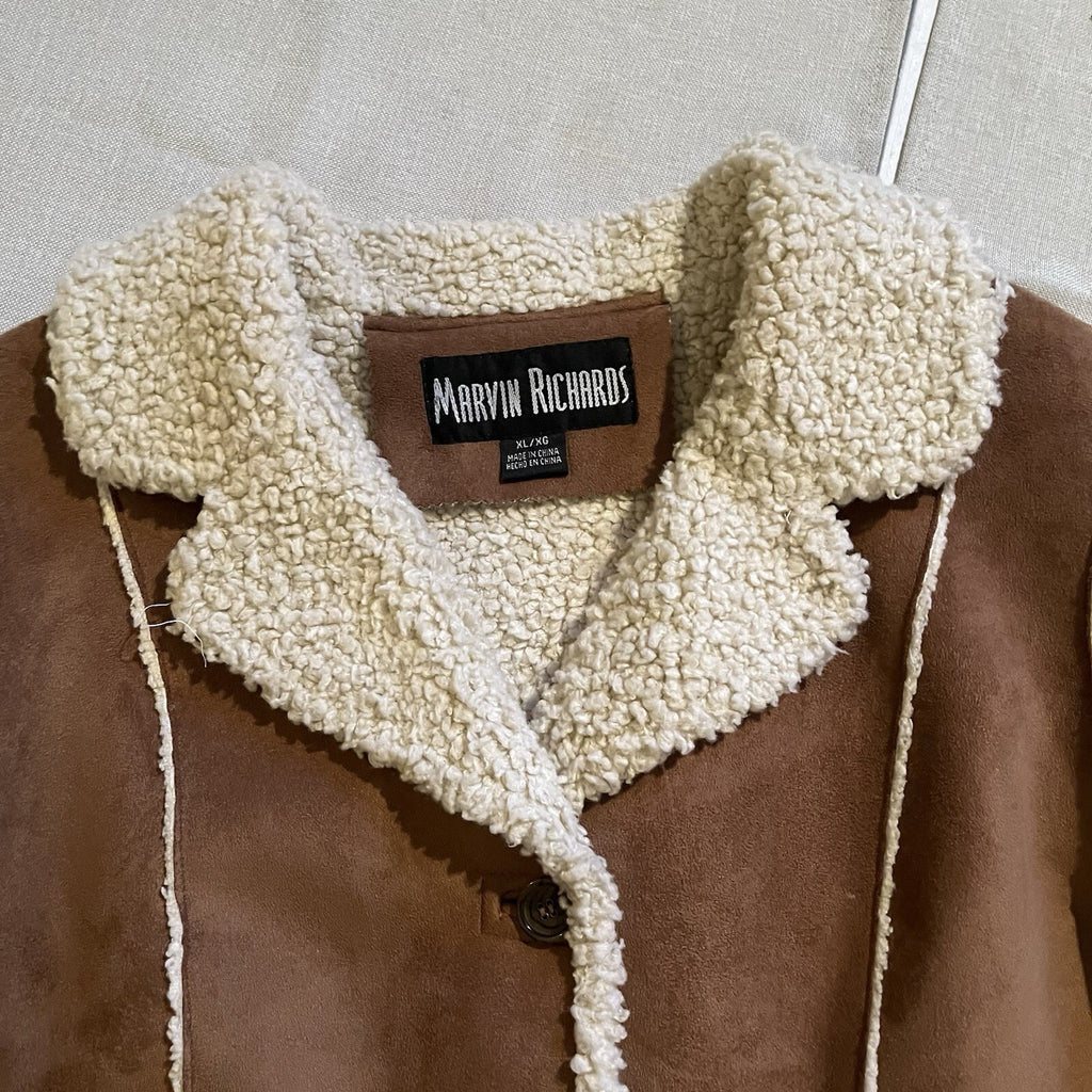 Vtg Faux Suede Jacket  Coat Size L Tan Brown Fleece Marvin Richards XL