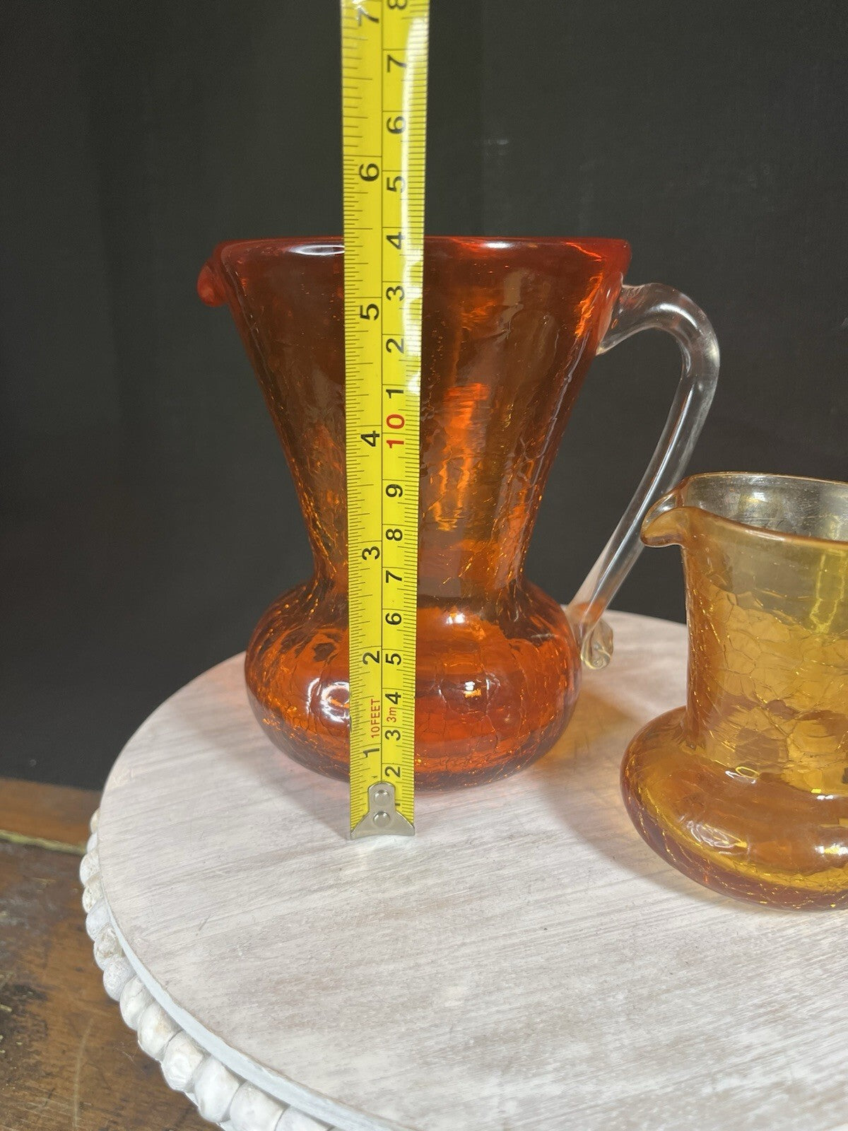 Vintage Ruby Red Crackle Glass Pitcher with Amber Handle Blenko