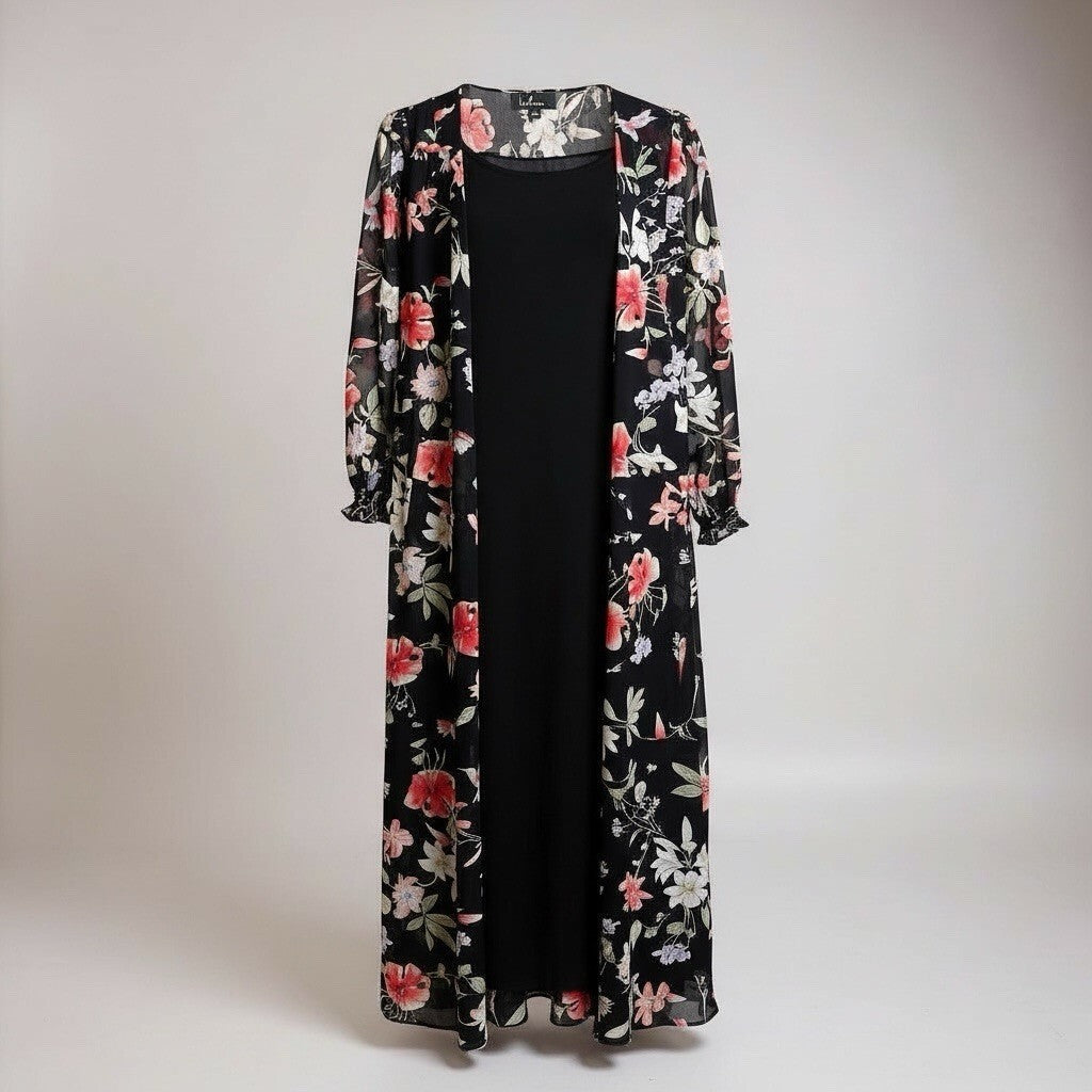 Lulus Awakened Black Floral Print Chiffon Maxi Wrap Dress.  Size Large