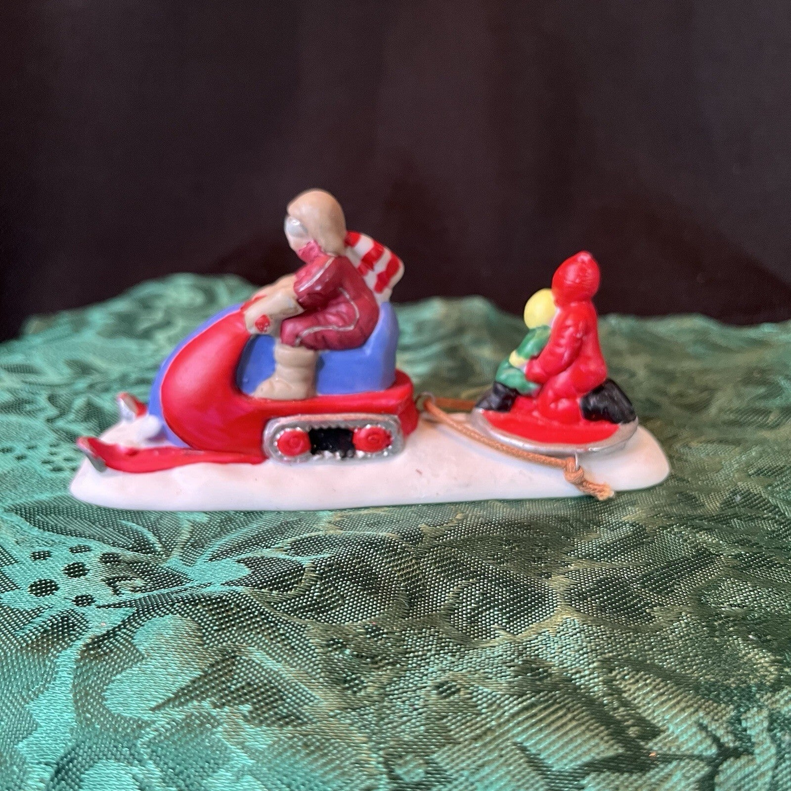 Mini Christmas Village Figurine Vintage 90s  Mom On Snowmobile With Kids