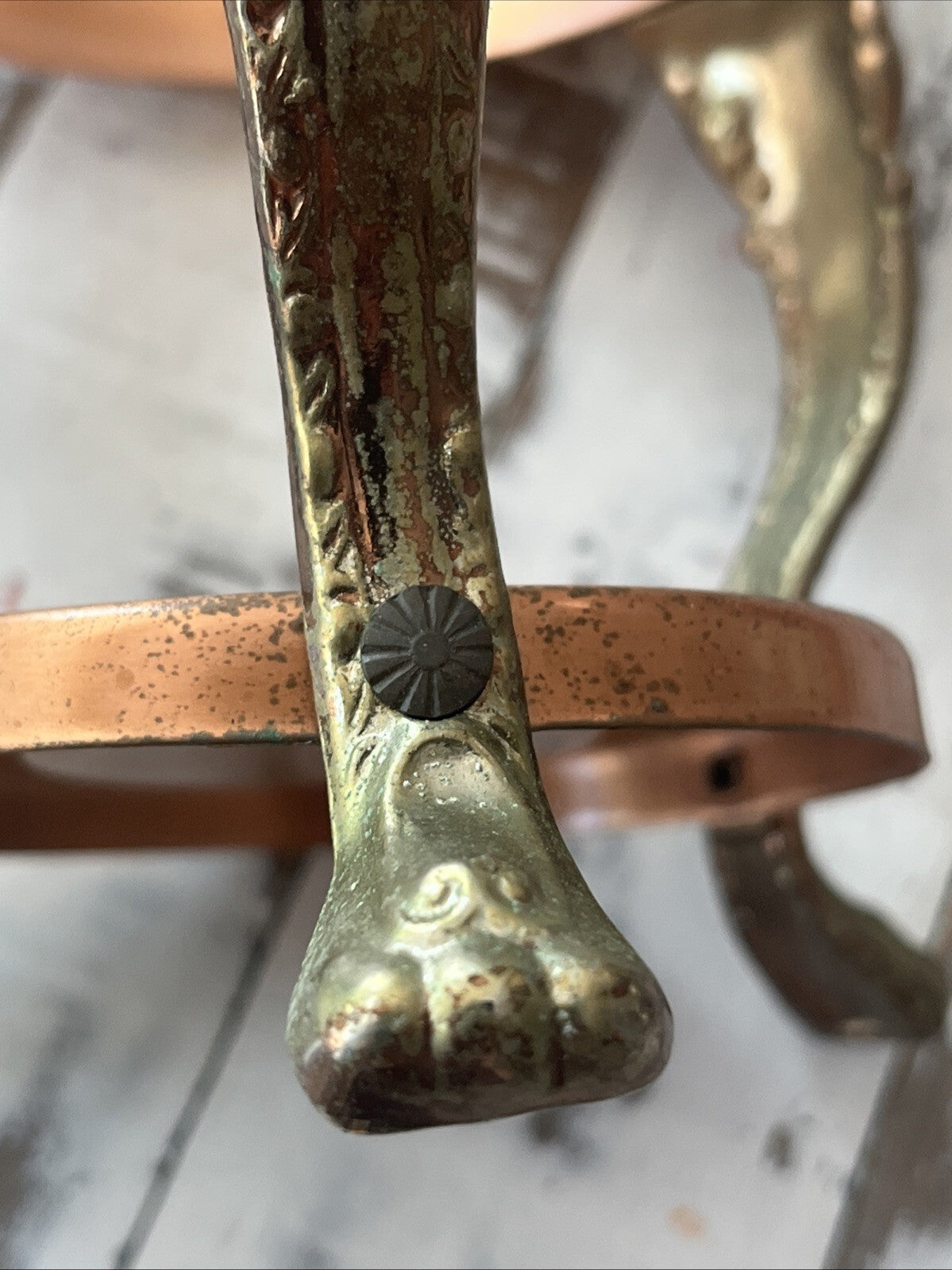 Old Antique Vintage Ornate Copper Plate Tripod Chafing Dish Stand 1900's 6”