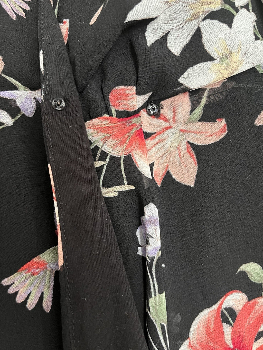 Lulus Awakened Black Floral Print Chiffon Maxi Wrap Dress.  Size Large
