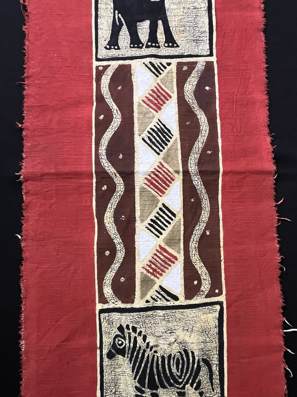 Batik Painted Fabric Ethnic Textile Wall Hanging Runner Fringe Elephant & Zebra