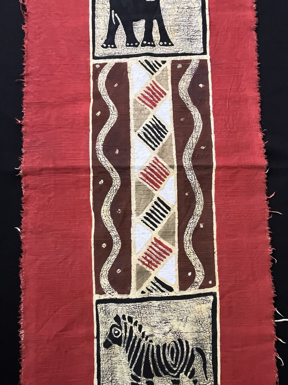 Batik Painted Fabric Ethnic Textile Wall Hanging Runner Fringe Elephant & Zebra