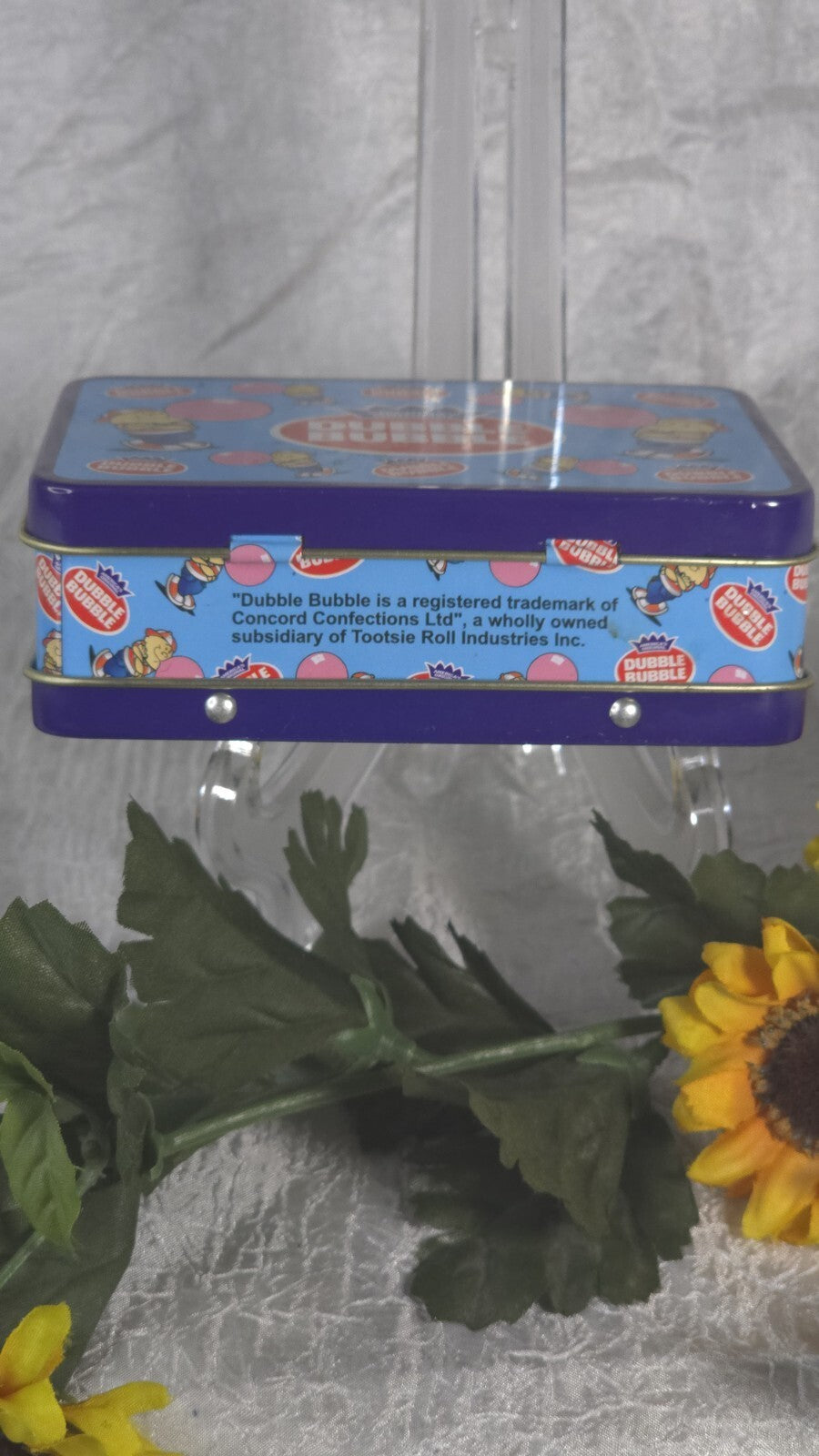 VTG Blue Mini Dubble Bubble Gum Logo Tin Metal Lunch Box Gold Interior  ✔
