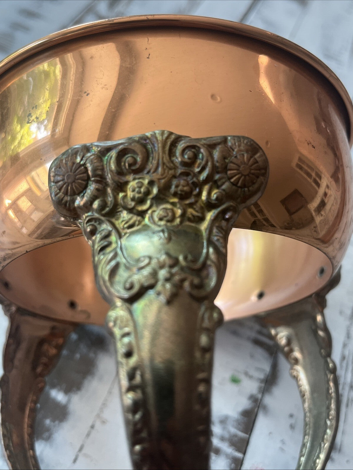 Old Antique Vintage Ornate Copper Plate Tripod Chafing Dish Stand 1900's 6”