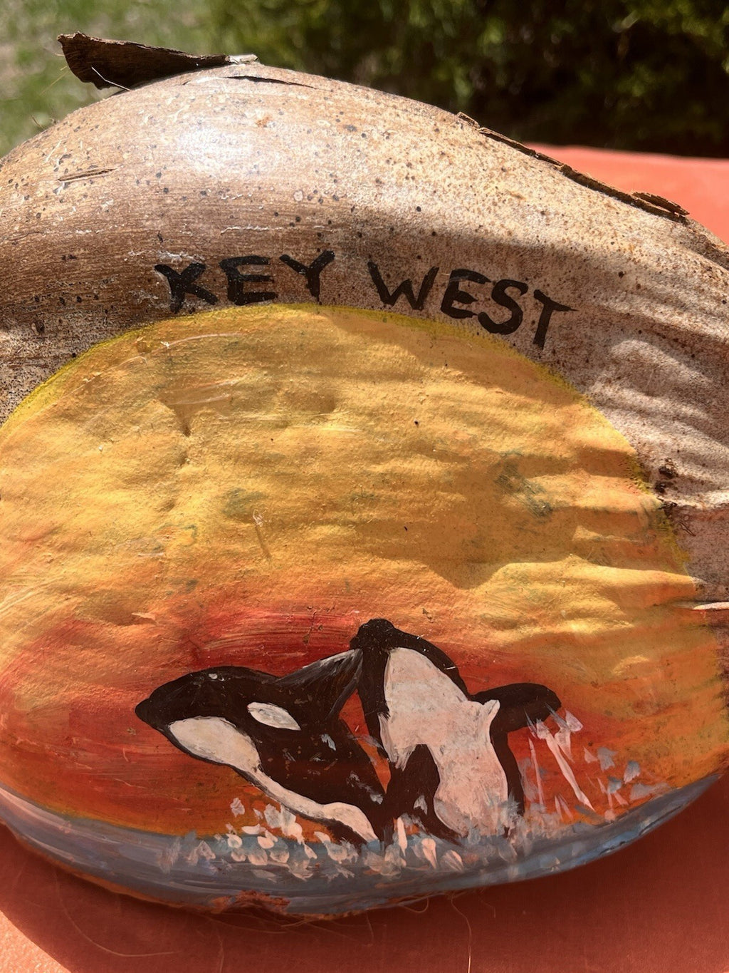 Hand-Painted Coconut Key West With Orcas, Jumping Out Of The Water Into Sunset