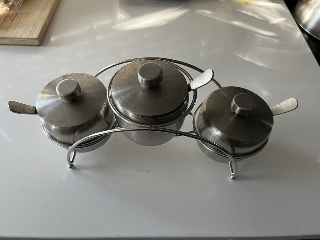 Condiment Serving Bowls with Lids and Spoons". Stainless Steel