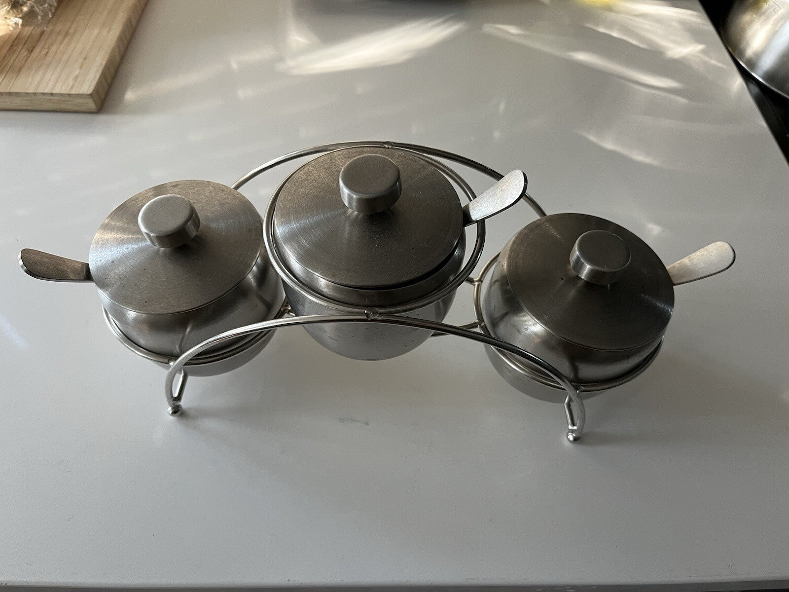 Condiment Serving Bowls with Lids and Spoons". Stainless Steel