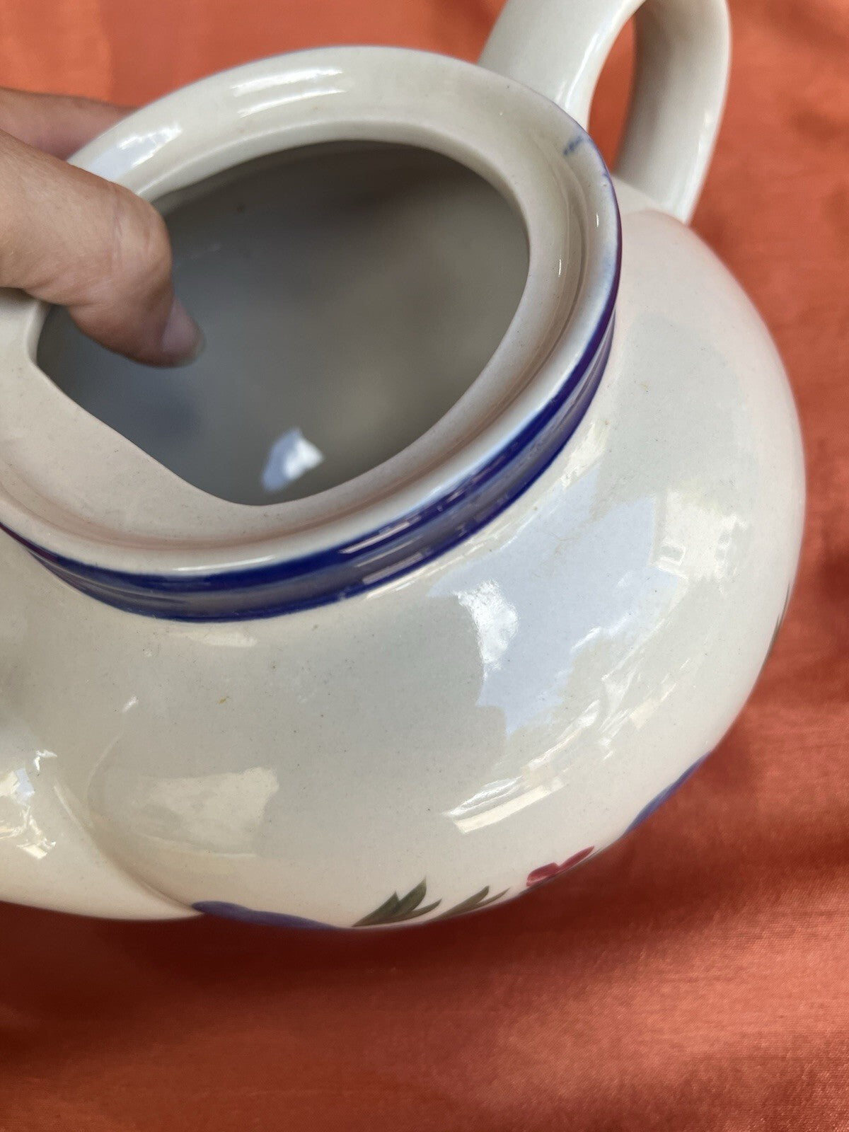 Vintage Designpac Ivory & Blue Stoneware Teapot W/Lid Handpainted Floral Pattern