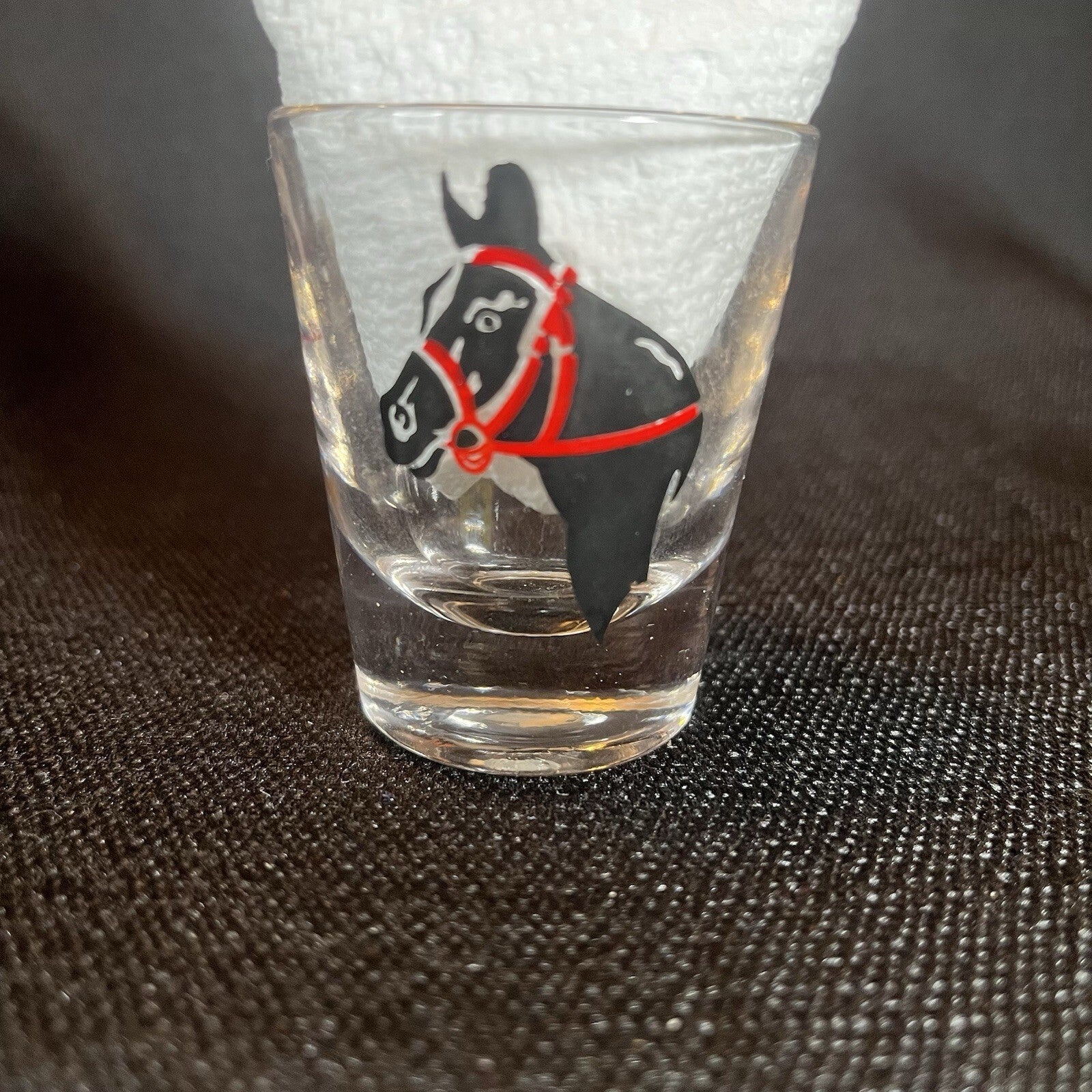 VTG 1oz Shot Glass Black Horse Head, Cap, Riding Crop & Stirrups Equestrian ACL