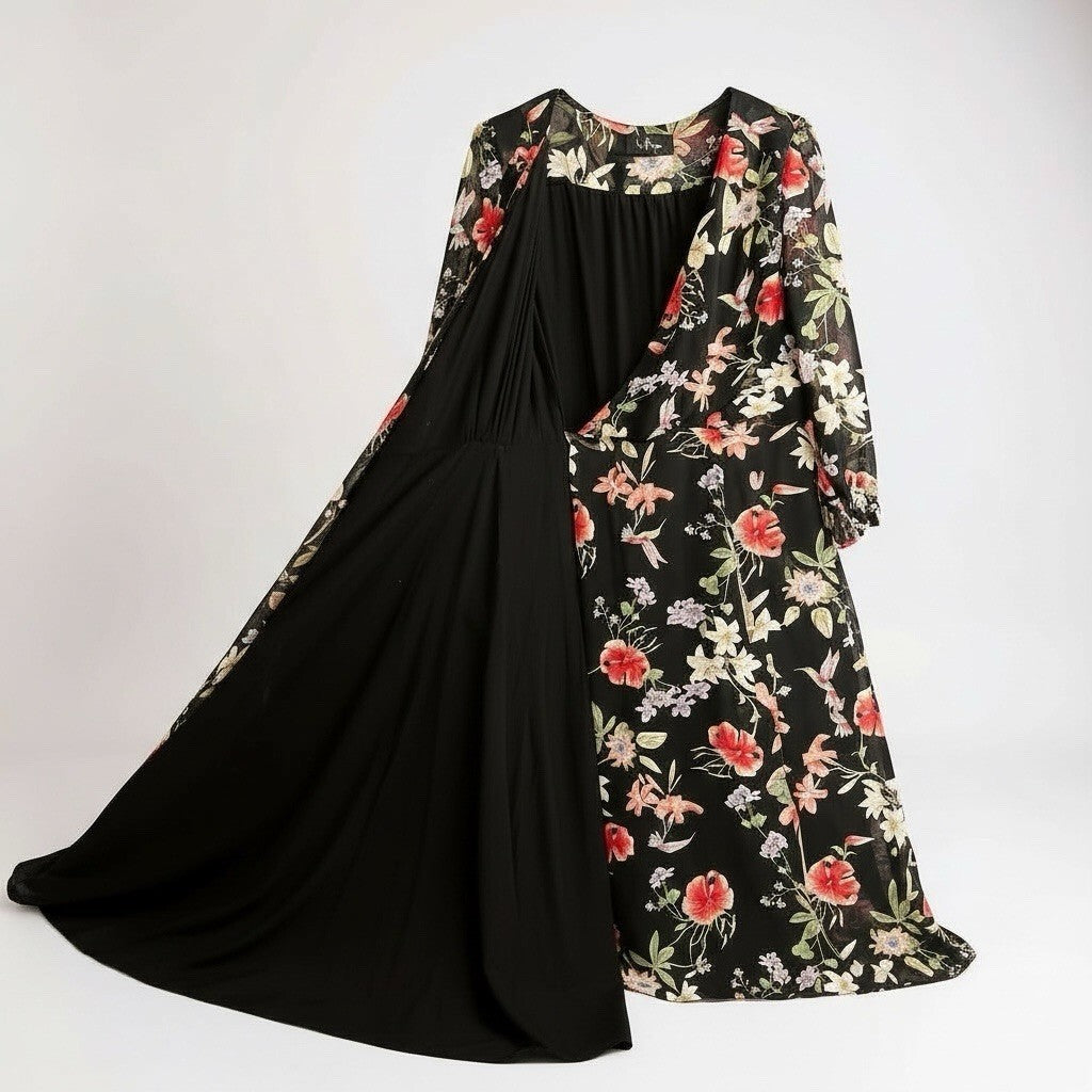 Lulus Awakened Black Floral Print Chiffon Maxi Wrap Dress.  Size Large