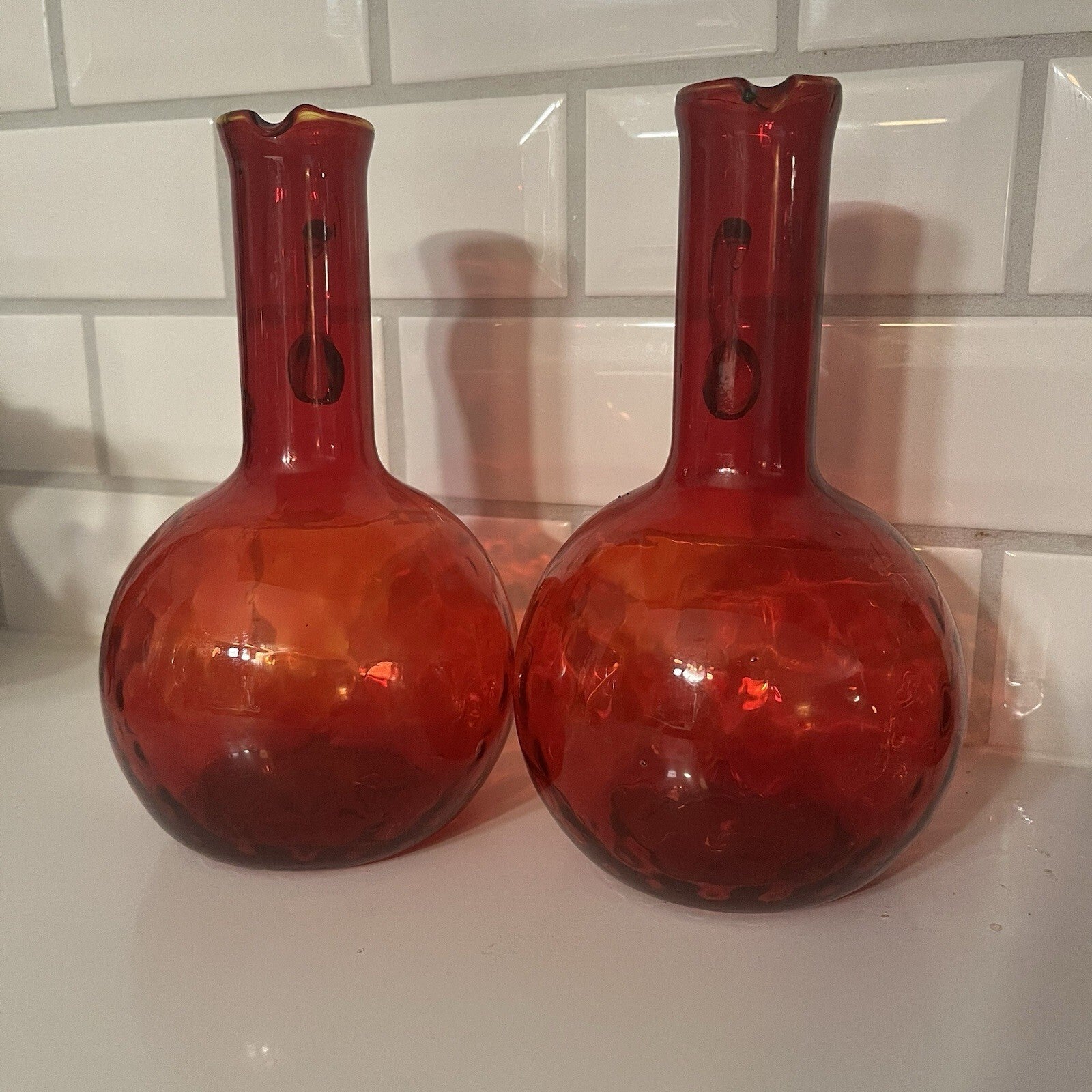 Vintage Ruby Red & Amber Tall Glass Pitcher ewer. Crackled Glass Texture.